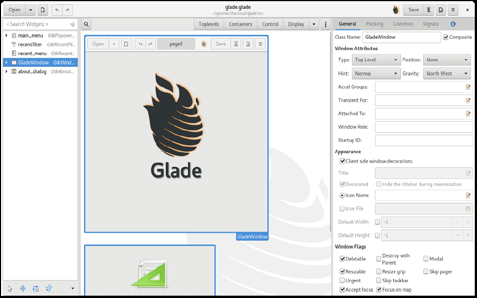 Interfaz de la aplicación Glade con su paleta de componentes y propiedades.