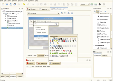 Interfaz de la aplicación MonoDevelop con su diseñador visual.