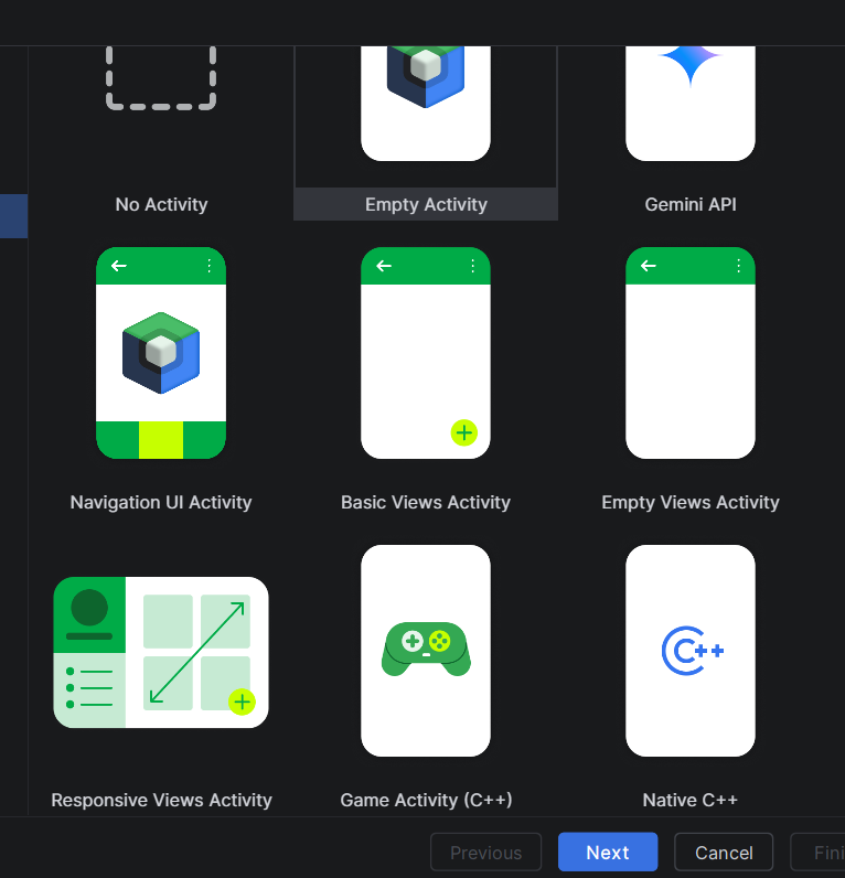 Galería de plantillas de nuevo proyecto en Android Studio: No Activity, Empty Activity, Gemini API, Navigation UI Activity, Basic Views Activity, Empty Views Activity, Responsive Views Activity, Game Activity y Native C++.