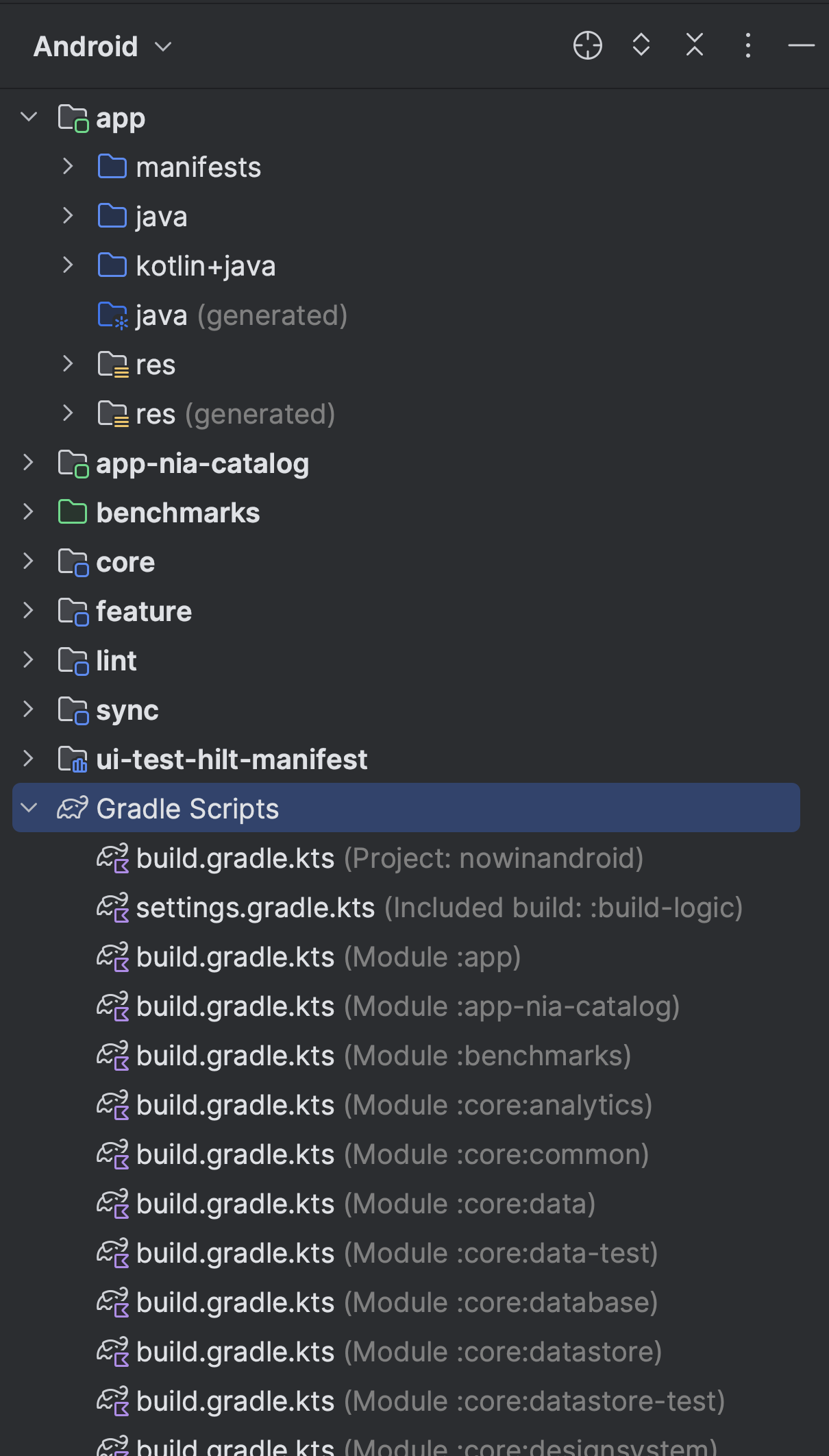 Vista Android del panel Project de Android Studio con los módulos y los Gradle Scripts.