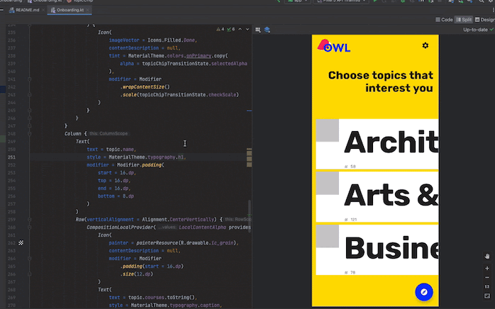 Vista Split de Android Studio: código Kotlin a la izquierda y preview de Compose renderizada a la derecha.