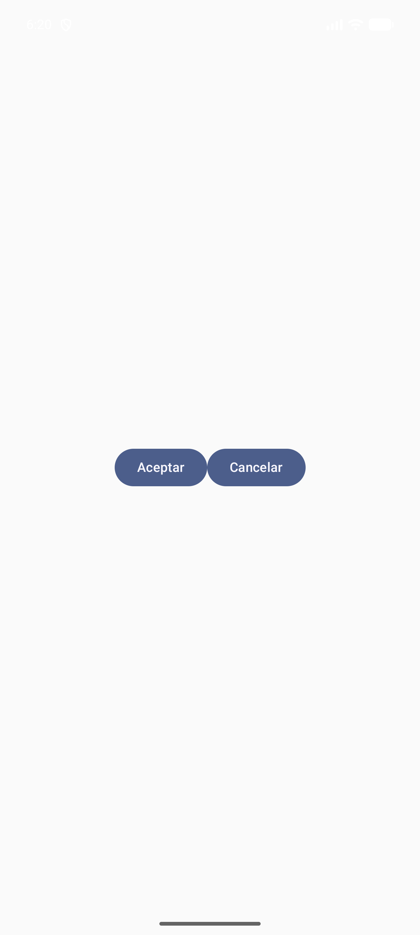 Captura real del emulador: fila Aceptar/Cancelación con los dos niveles de botón relleno y outlined.