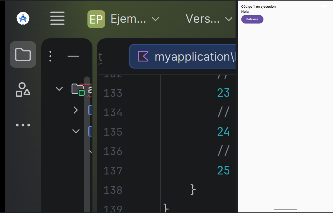 El Código 1 en ejecución en el emulador: un Button dentro de un Column
