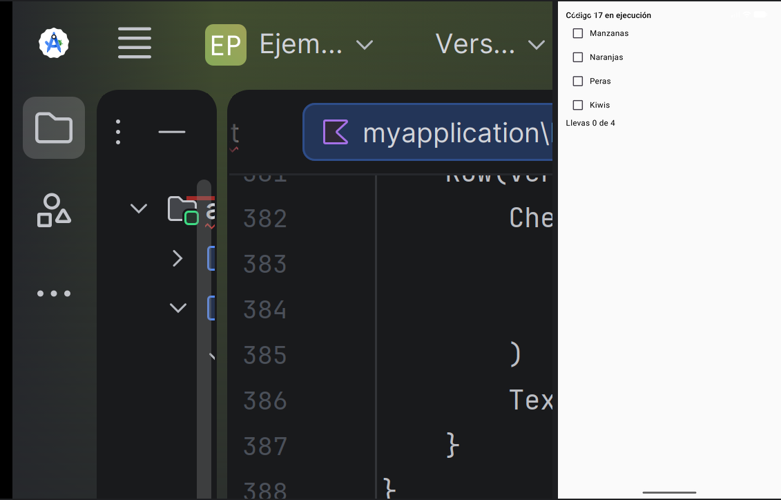 El Código 17 en ejecución: varios Checkbox con una lista observable