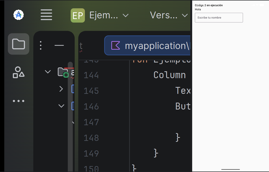 El Código 2 en ejecución en el emulador: un OutlinedTextField insertado en el Column