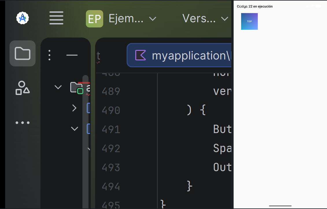 El Código 22 en ejecución: Box superponiendo un Text sobre una Image