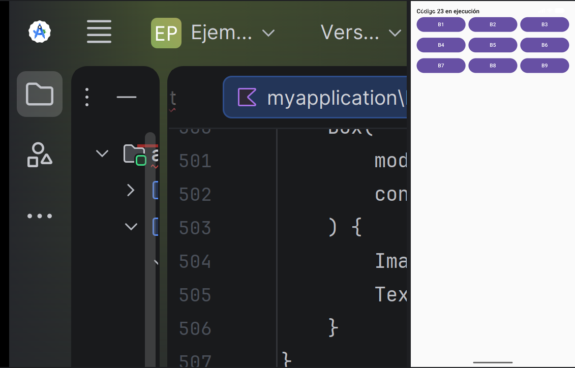 El Código 23 en ejecución: LazyVerticalGrid de 3 columnas