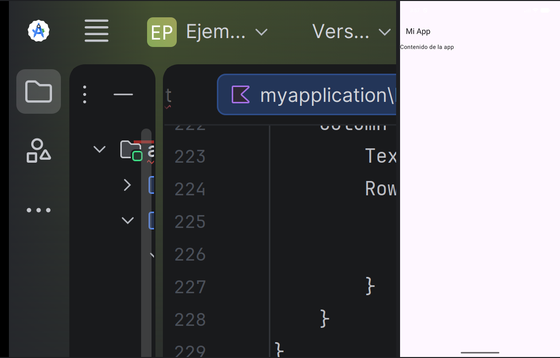 El Código 7 en ejecución: Scaffold con cabecera «Mi App» y contenido