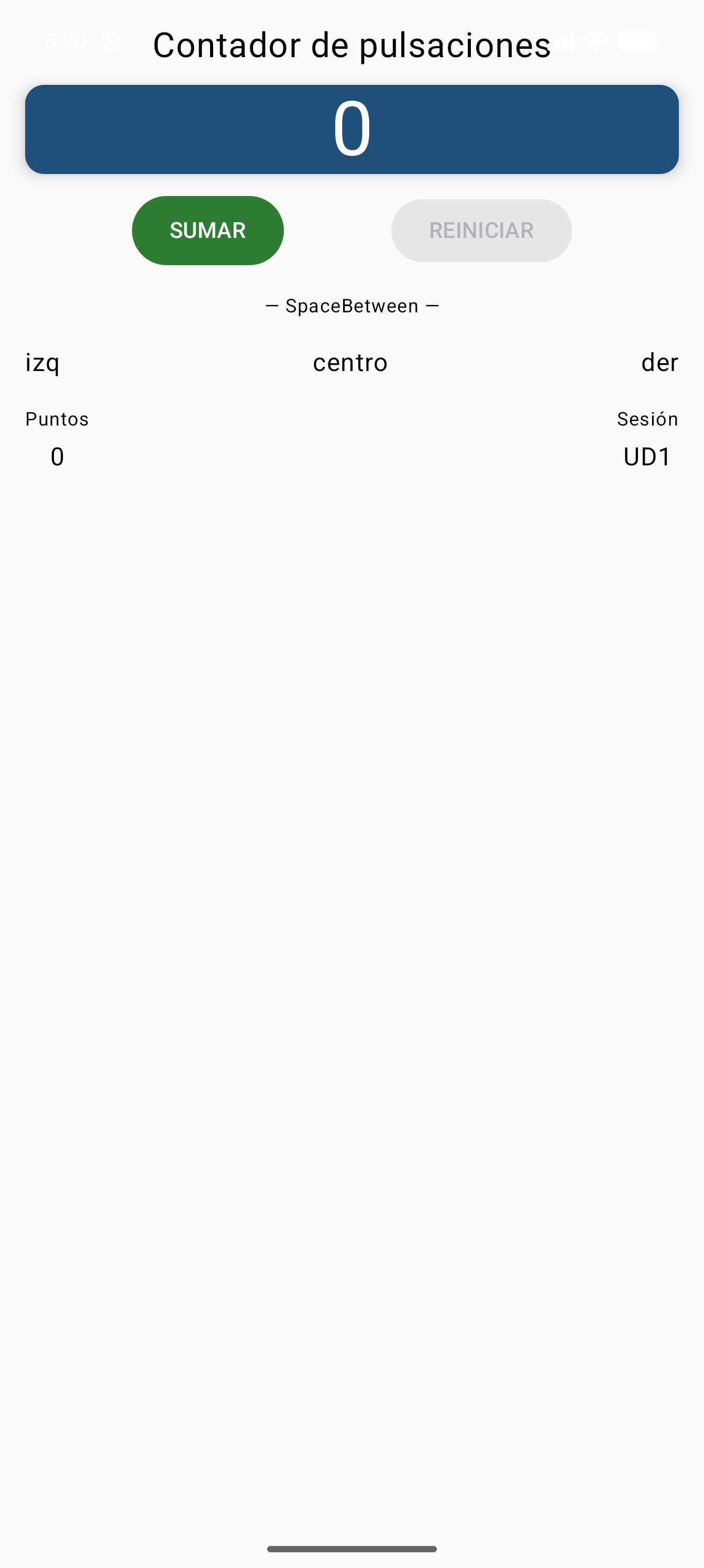 Captura real del emulador: contador de pulsaciones con botón SUMAR y tres Text repartidos con SpaceBetween.