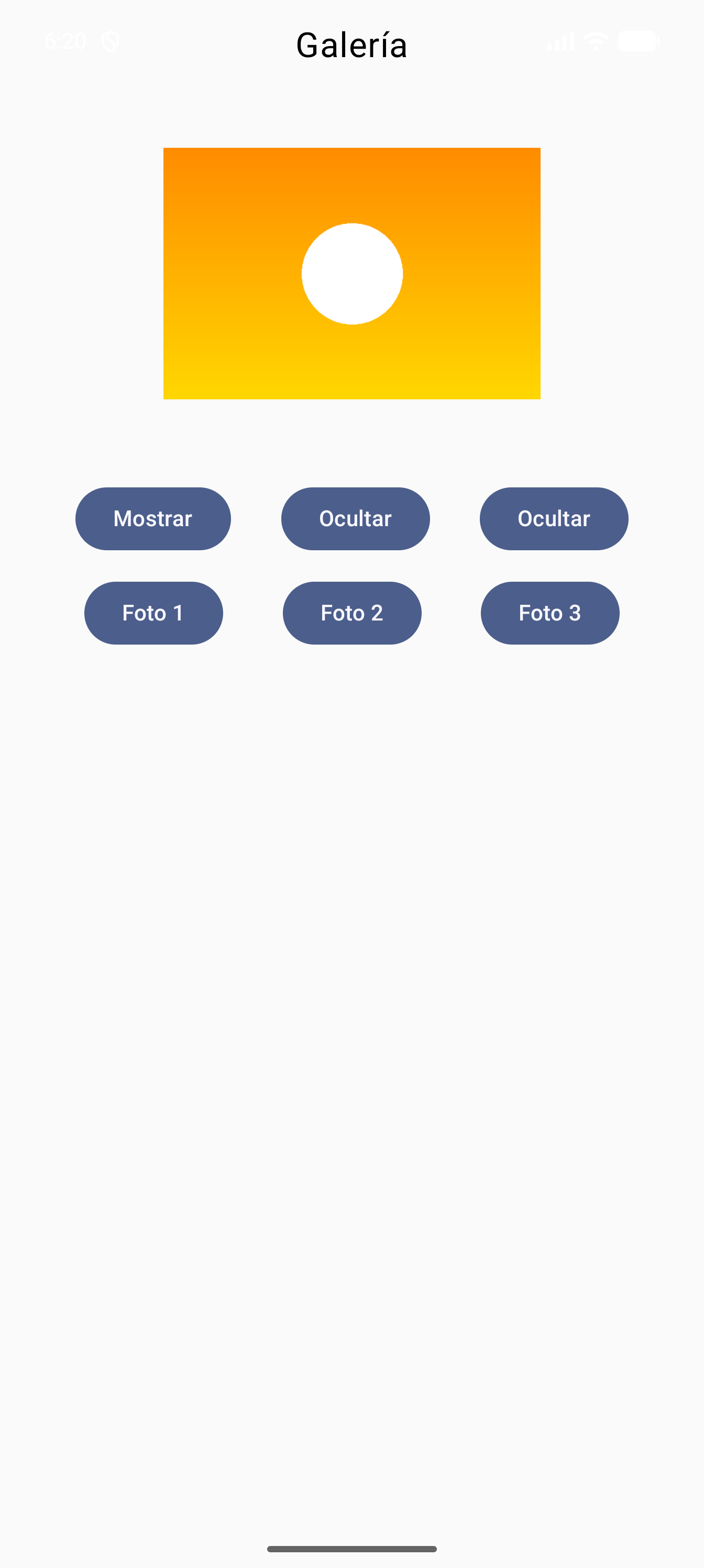 Captura real del emulador: galería con LazyVerticalGrid, título arriba y tarjeta con imagen.