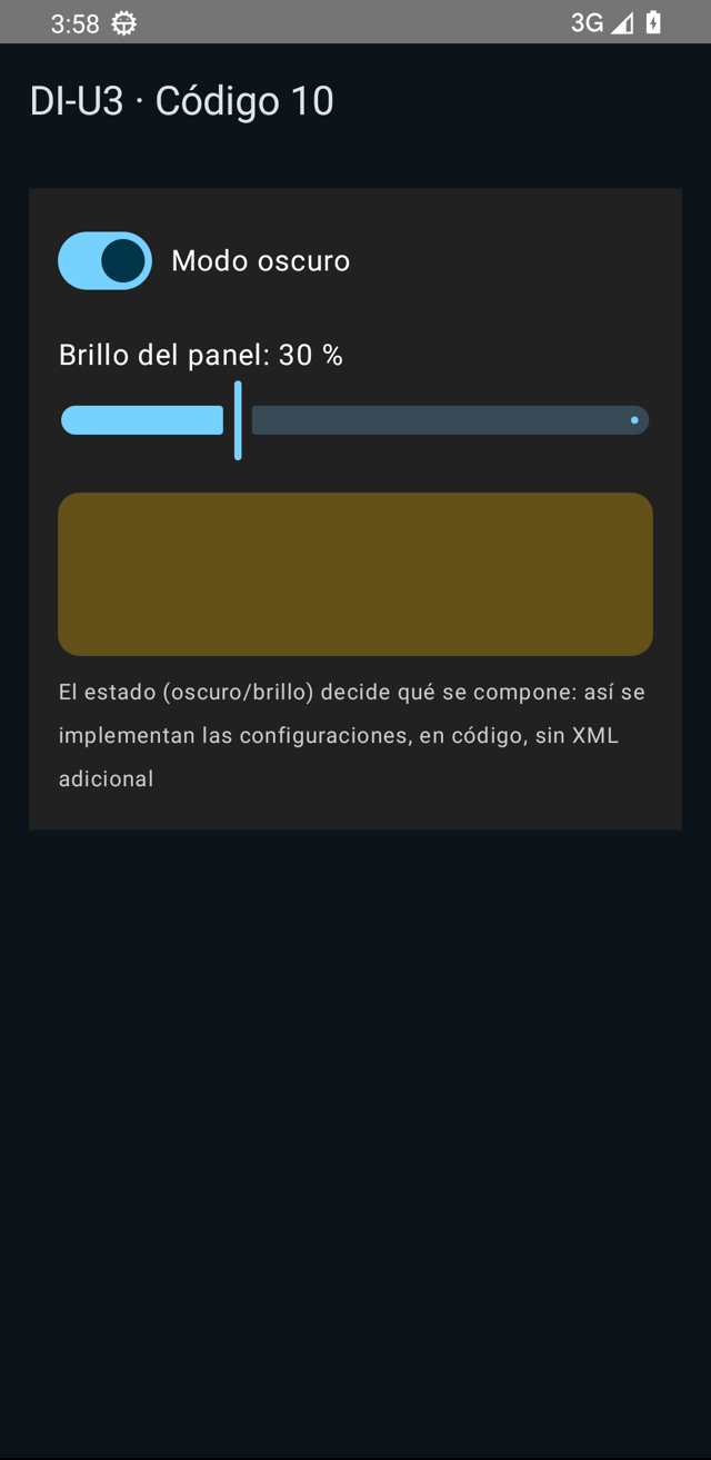 Pantalla en modo oscuro: switch 'Modo oscuro' activado, slider de brillo al 30 % y panel ámbar tenue.