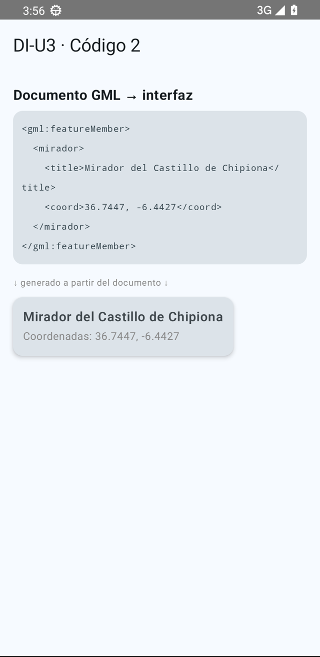 Pantalla con un fragmento de documento GML en una tarjeta de código y debajo la ficha generada del mirador.