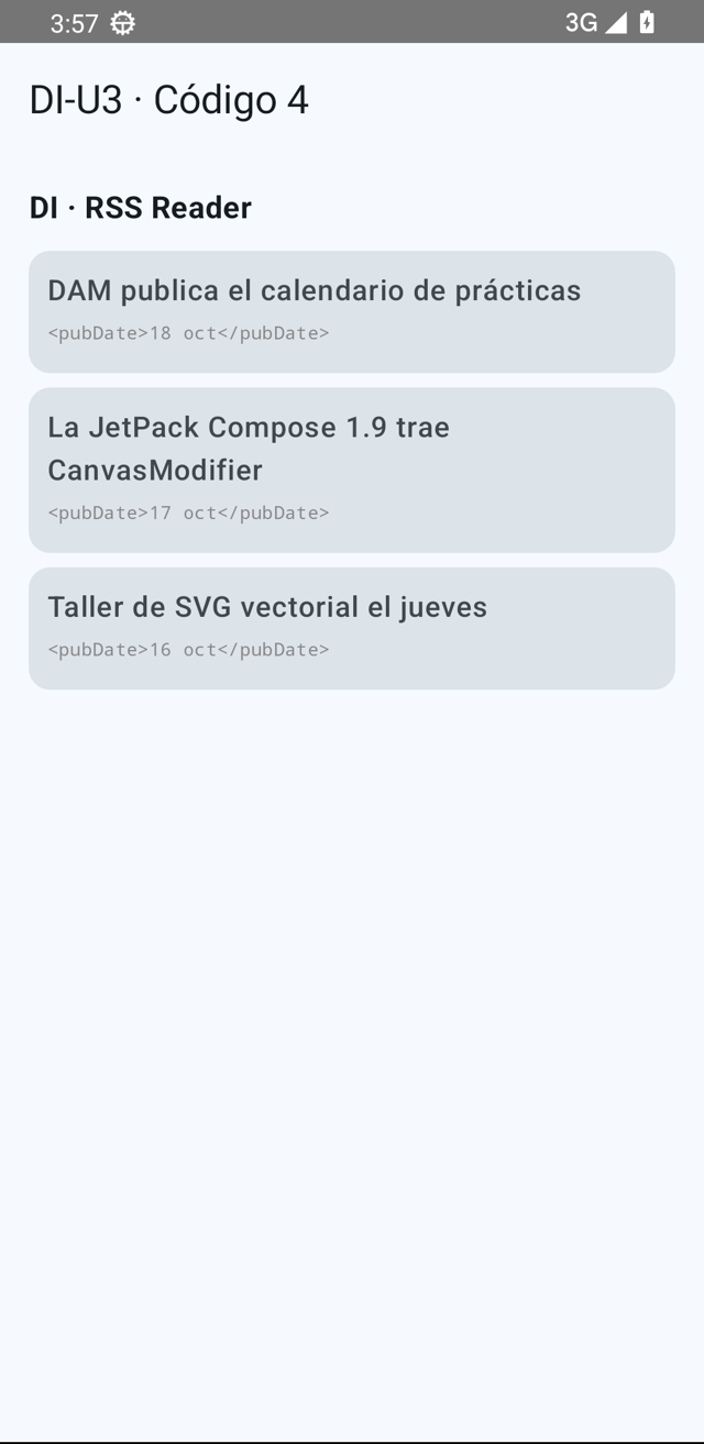 Tres tarjetas de noticias con su pubDate en monoespaciada bajo el título, como un lector RSS.