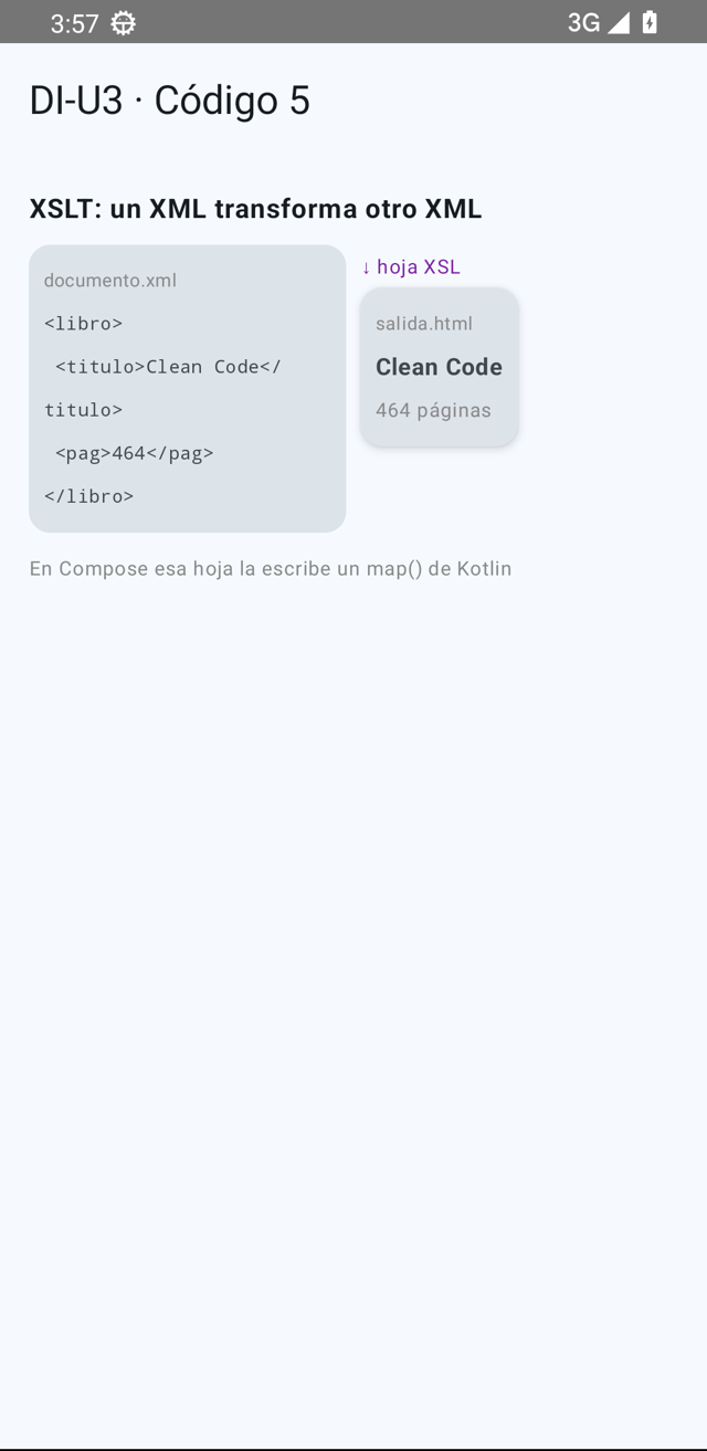 Pantalla partida en dos: a la izquierda el documento XML en monoespaciada, a la derecha la tarjeta con la salida transformada.