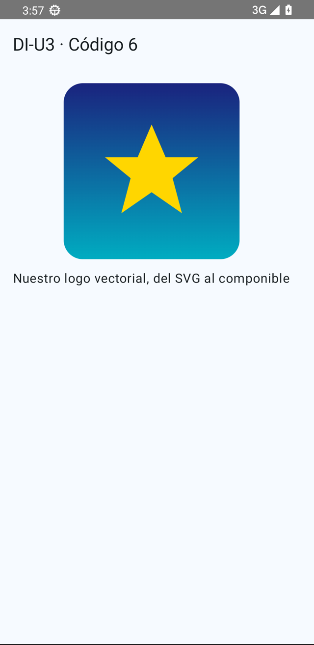 Pantalla de la app con el logo: estrella amarilla sobre caja con degradado azul, bajo una barra que pone DI-U3 · Código 6.