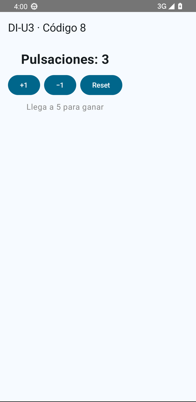 Pantalla con contador grande 'Pulsaciones: 3' y tres botones +1, −1 y Reset bajo el texto objetivo.