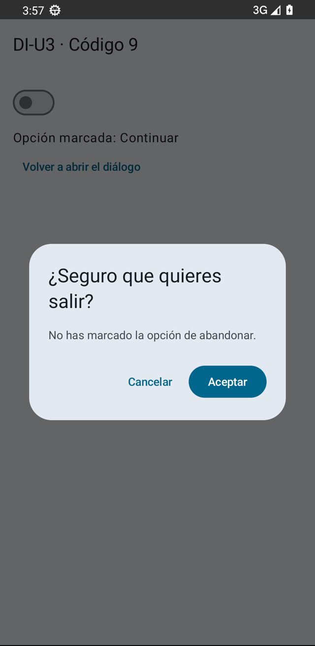 Pantalla con un Switch, el texto de la opción marcada y un diálogo modal de confirmación con Aceptar y Cancelar.
