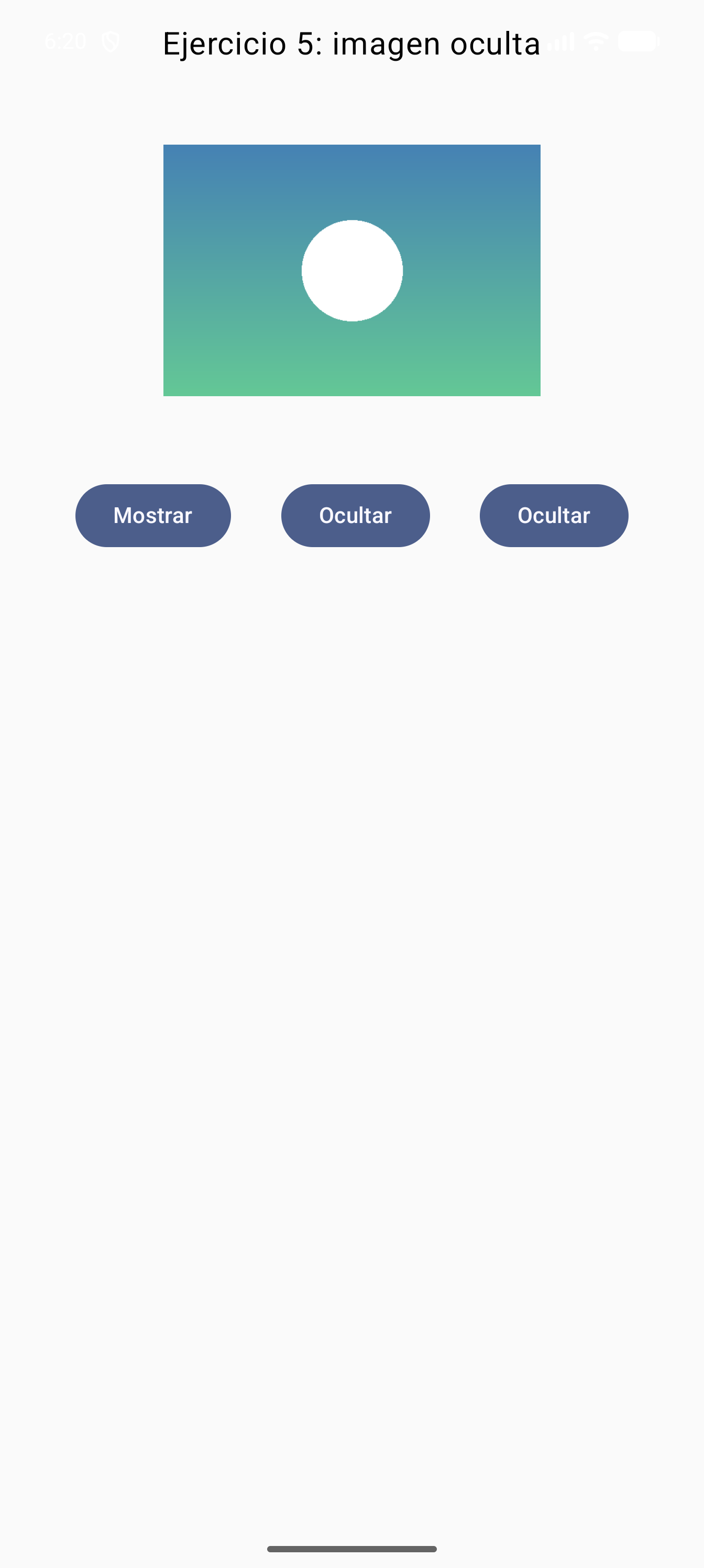 Captura real del emulador: pantalla Compose mostrando un drawable con botones Mostrar/Ocultar.