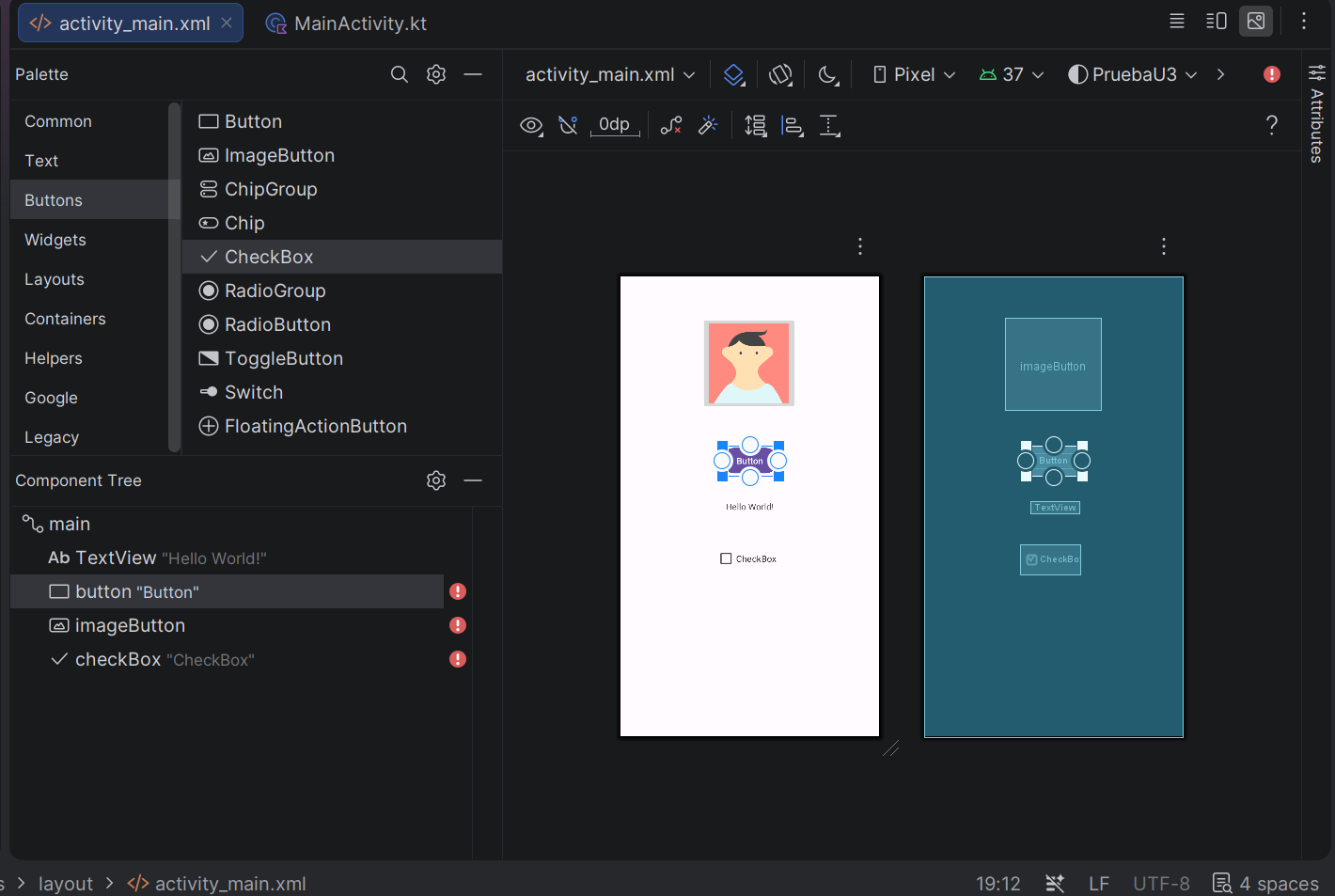 El Layout Editor de Android Studio en modo Split: a la izquierda la Palette con sus categorías (Common, Text, Buttons, Widgets, Layouts, Containers…), el Component Tree con la jerarquía de vistas y el XML resultante sincronizado.