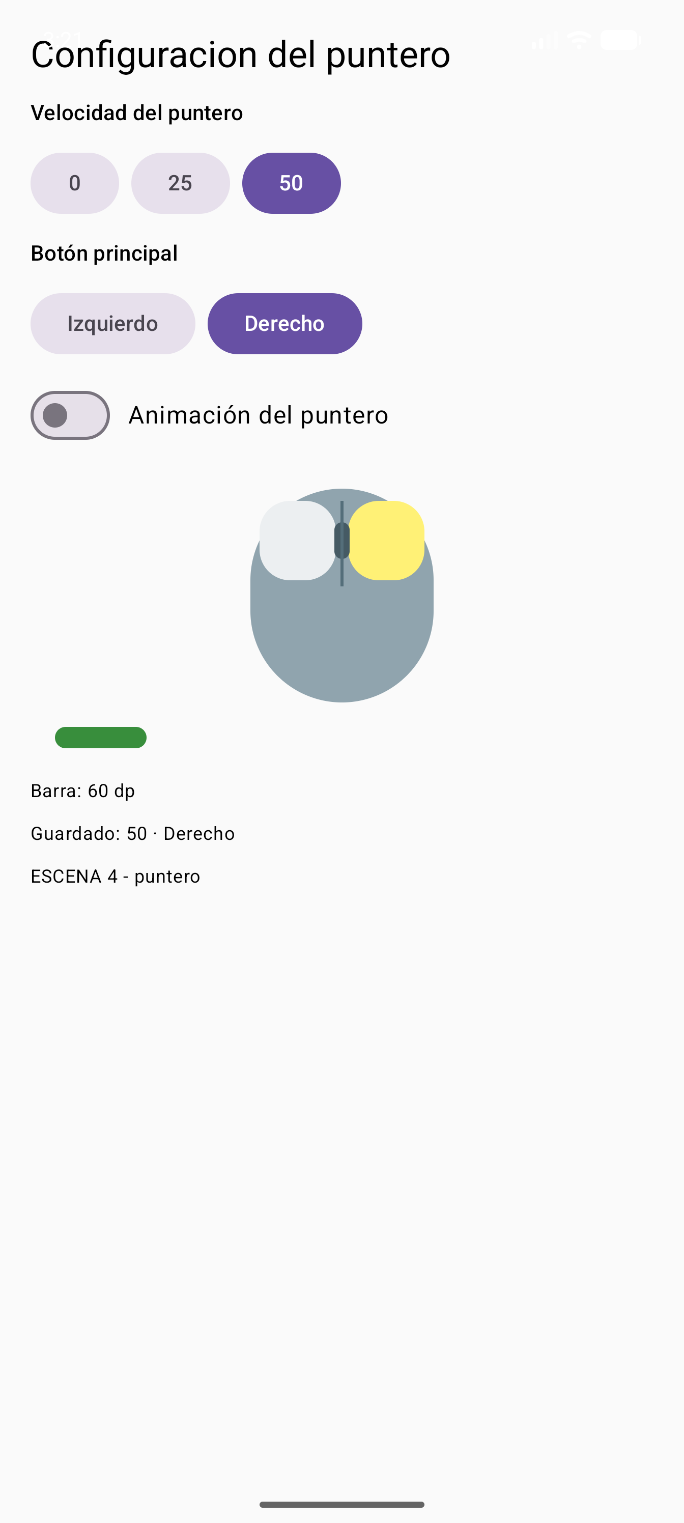 Pantalla Configuracion del puntero con el boton 50 y el boton Derecho seleccionados, el interruptor apagado, un raton dibujado con el boton derecho en amarillo y una barra verde de 60 dp