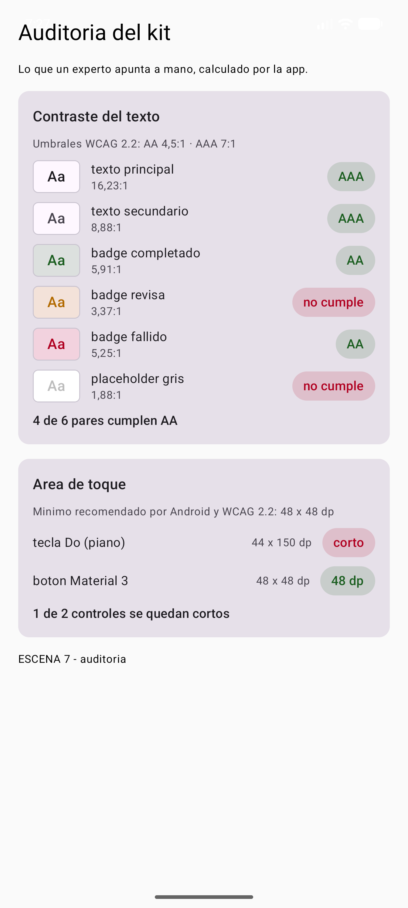 Pantalla de auditoría del kit: tarjeta de contraste con seis pares y su ratio, y tarjeta de área de toque con la tecla del piano marcada como corta