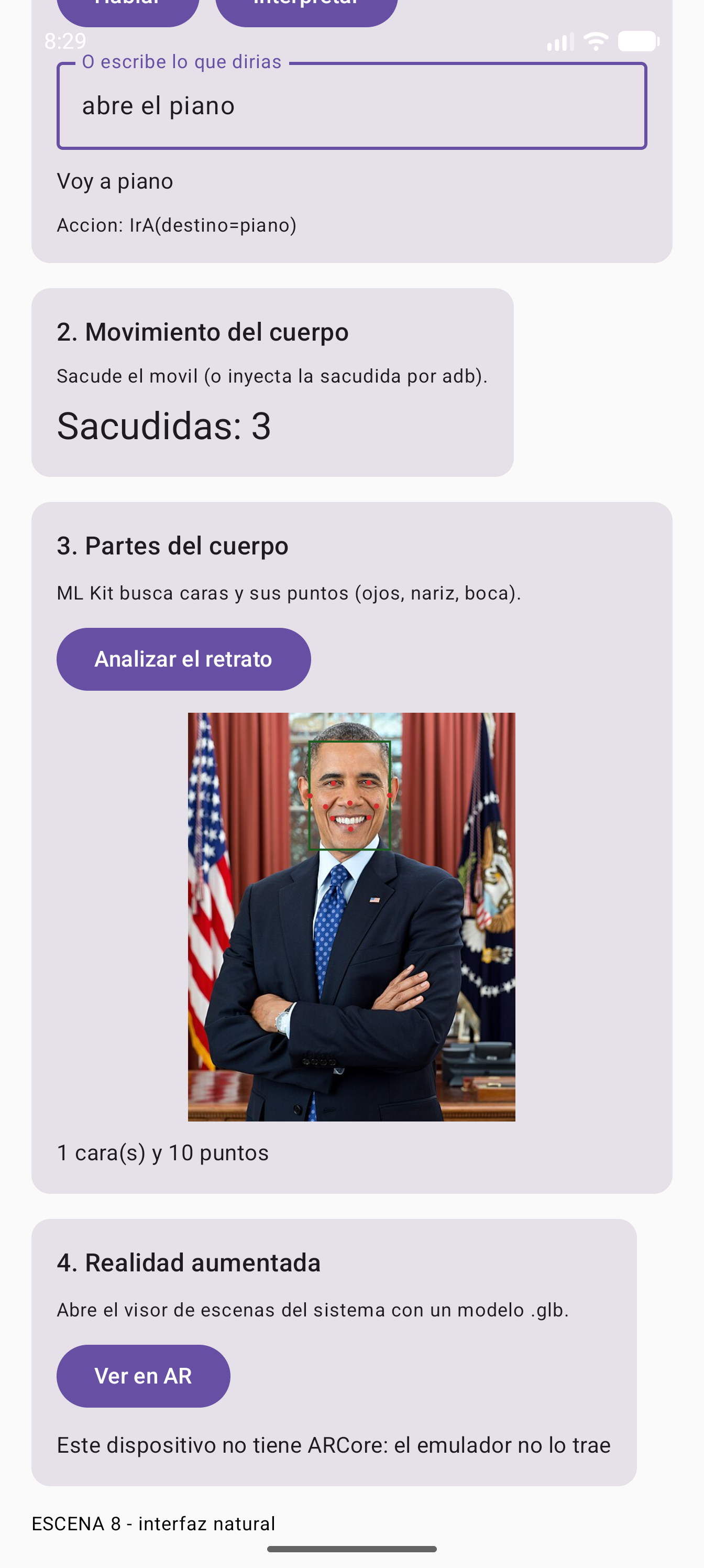 La tarjeta de realidad aumentada con el aviso: este dispositivo no tiene ARCore, el emulador no lo trae