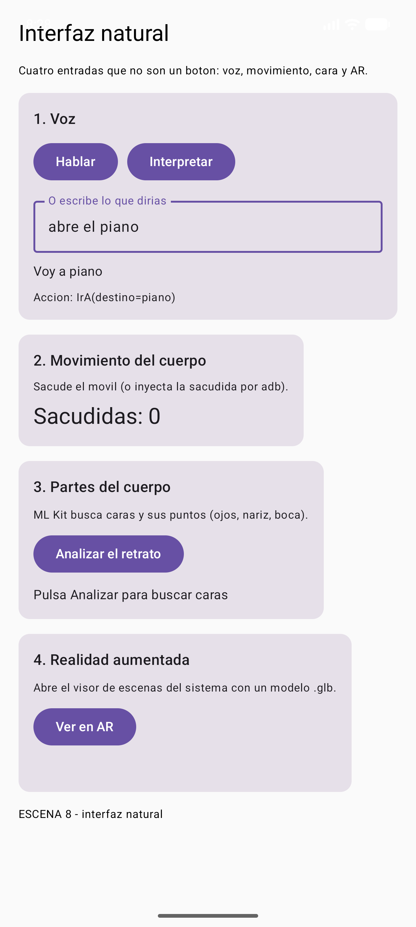 La escena 8 del emulador: tarjeta de voz con el resultado "Voy a piano", contador de sacudidas, detección de caras y botón de realidad aumentada