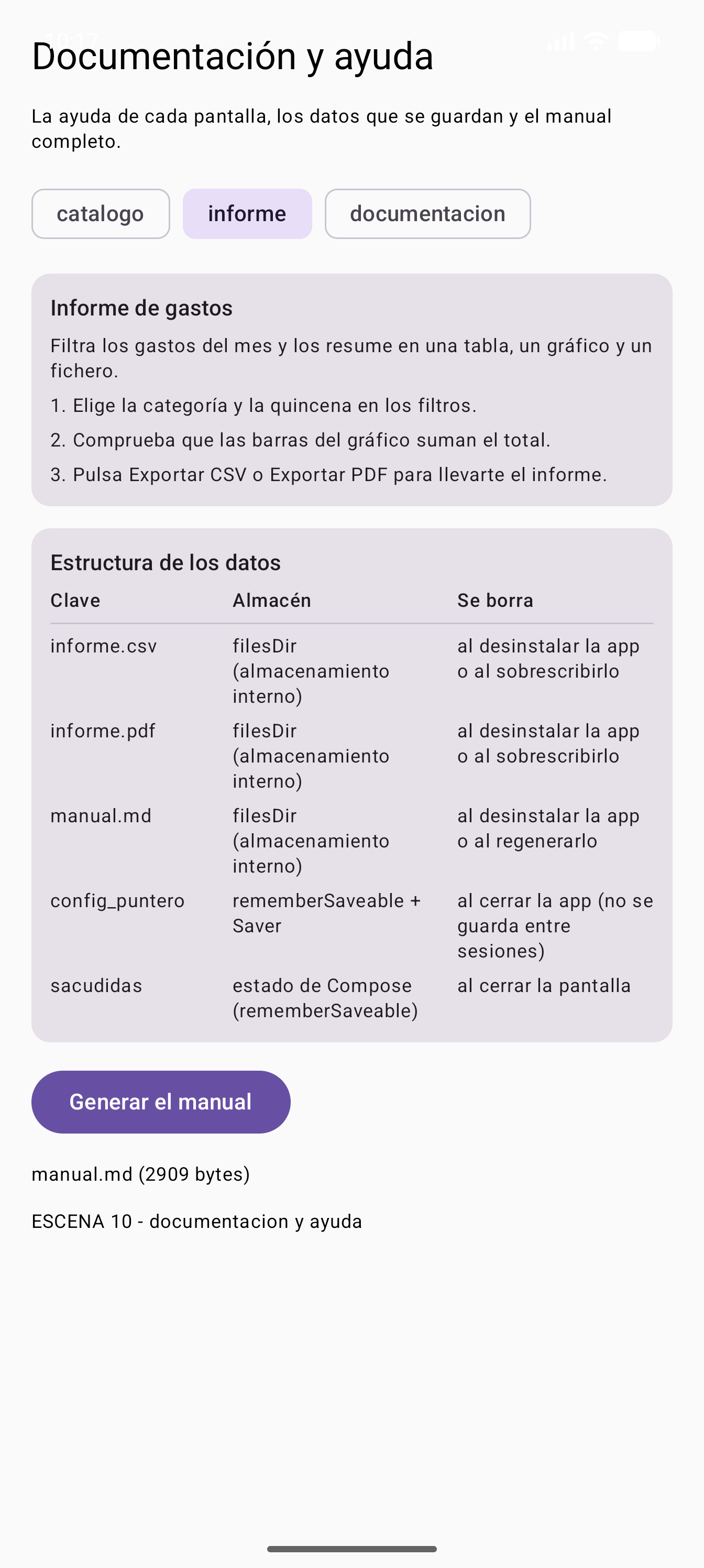 La misma pantalla con la ayuda del informe
