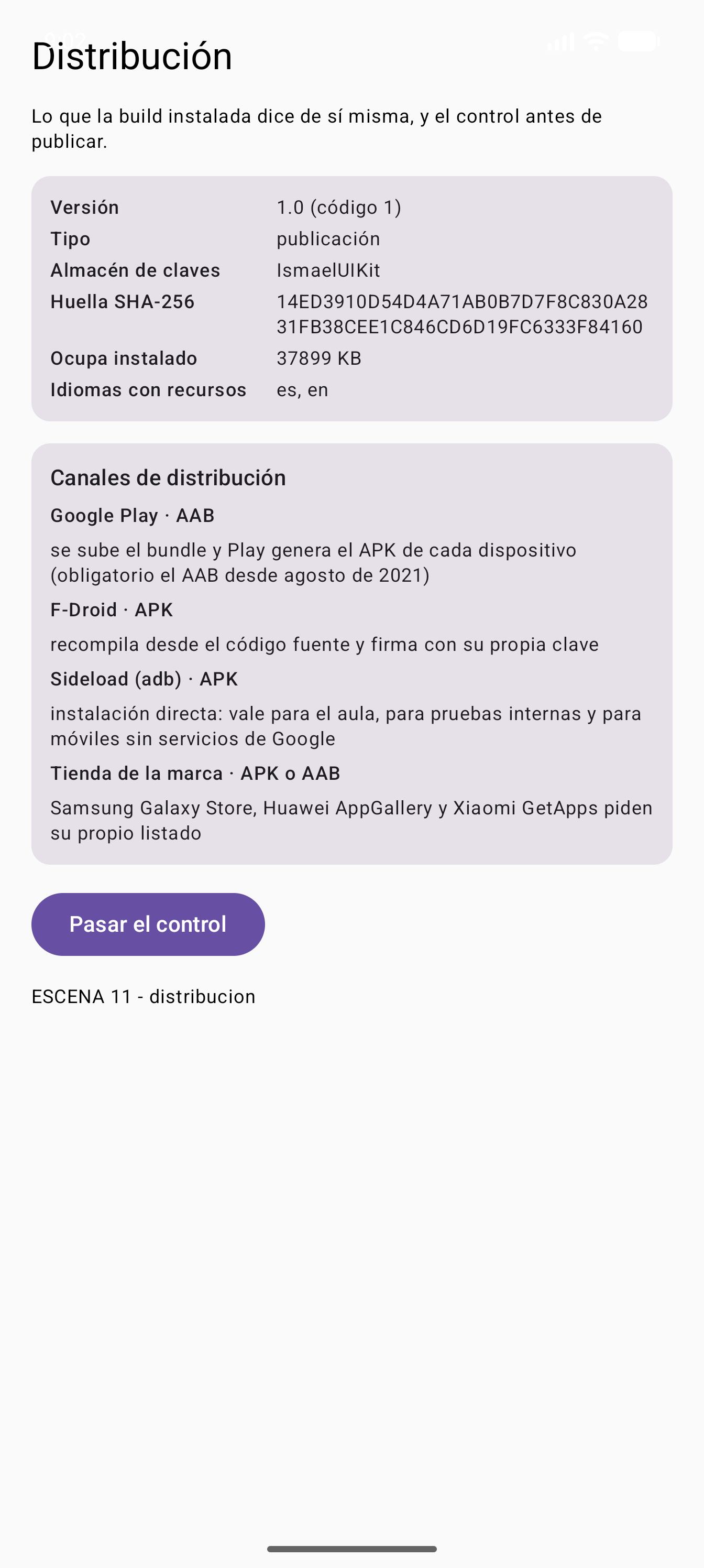 La build de publicación contándose a sí misma: versión, tipo, almacén, huella, tamaño e idiomas