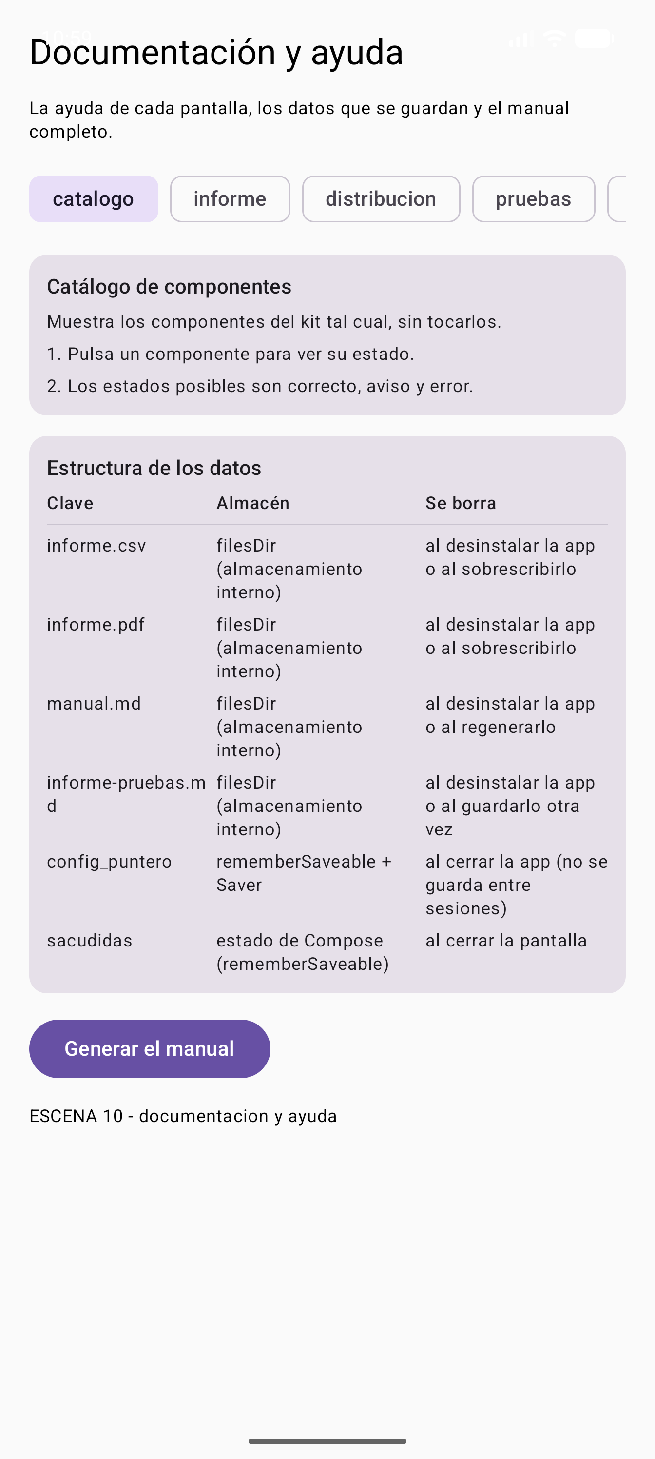 La escena 10 con el informe de pruebas